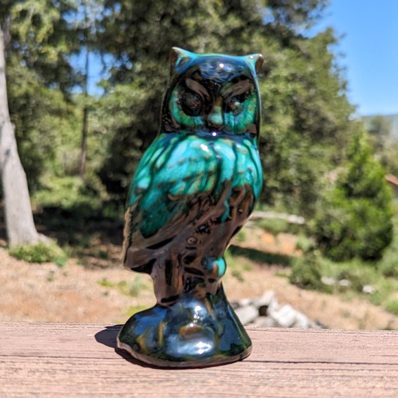 Blue Mountain Pottery Owl Drip Glaze Blue Green Brown Redware Vintage - Picture 4 of 13